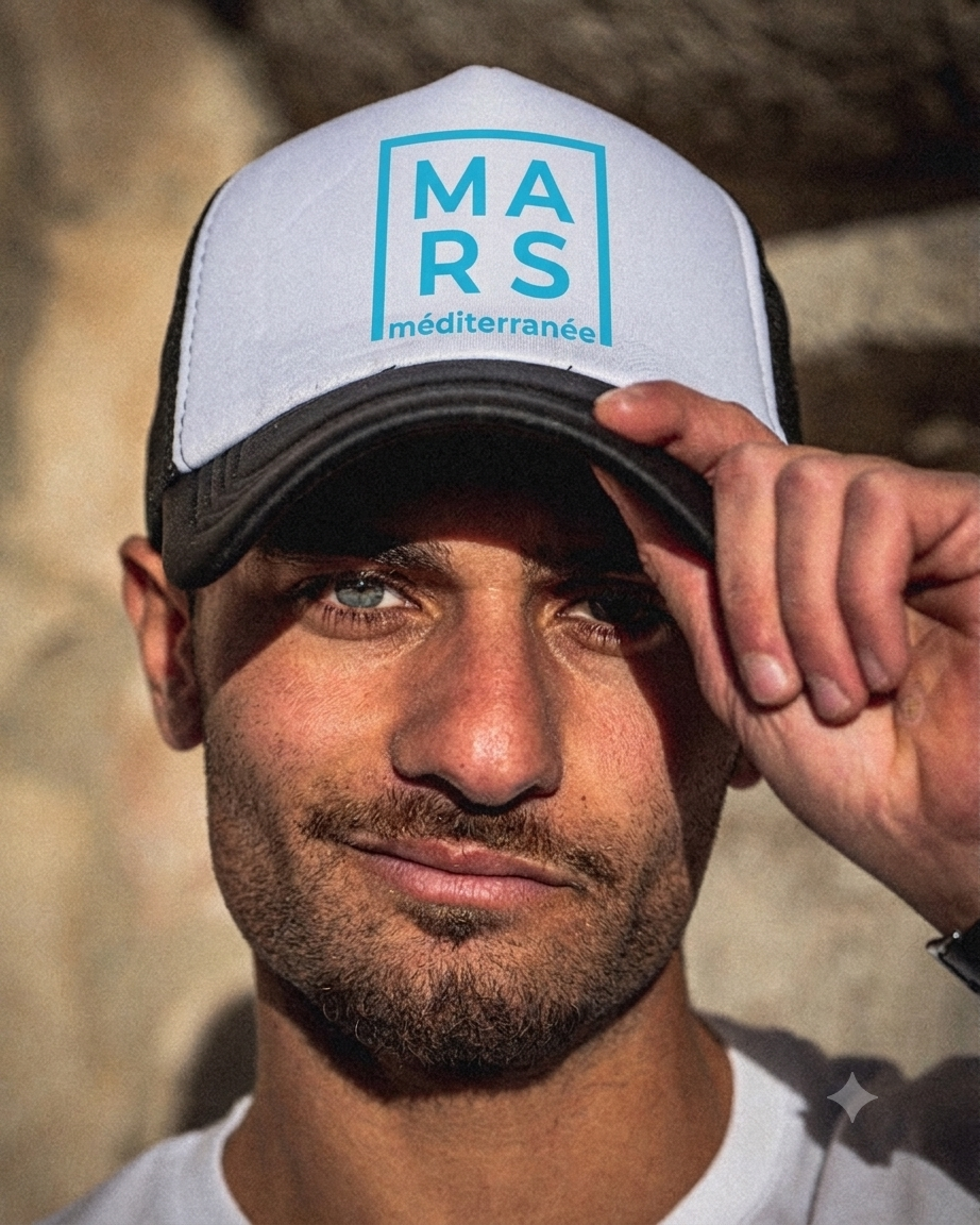 Jeune homme avec une casquette en style trucker avec un logo MARS en bleu