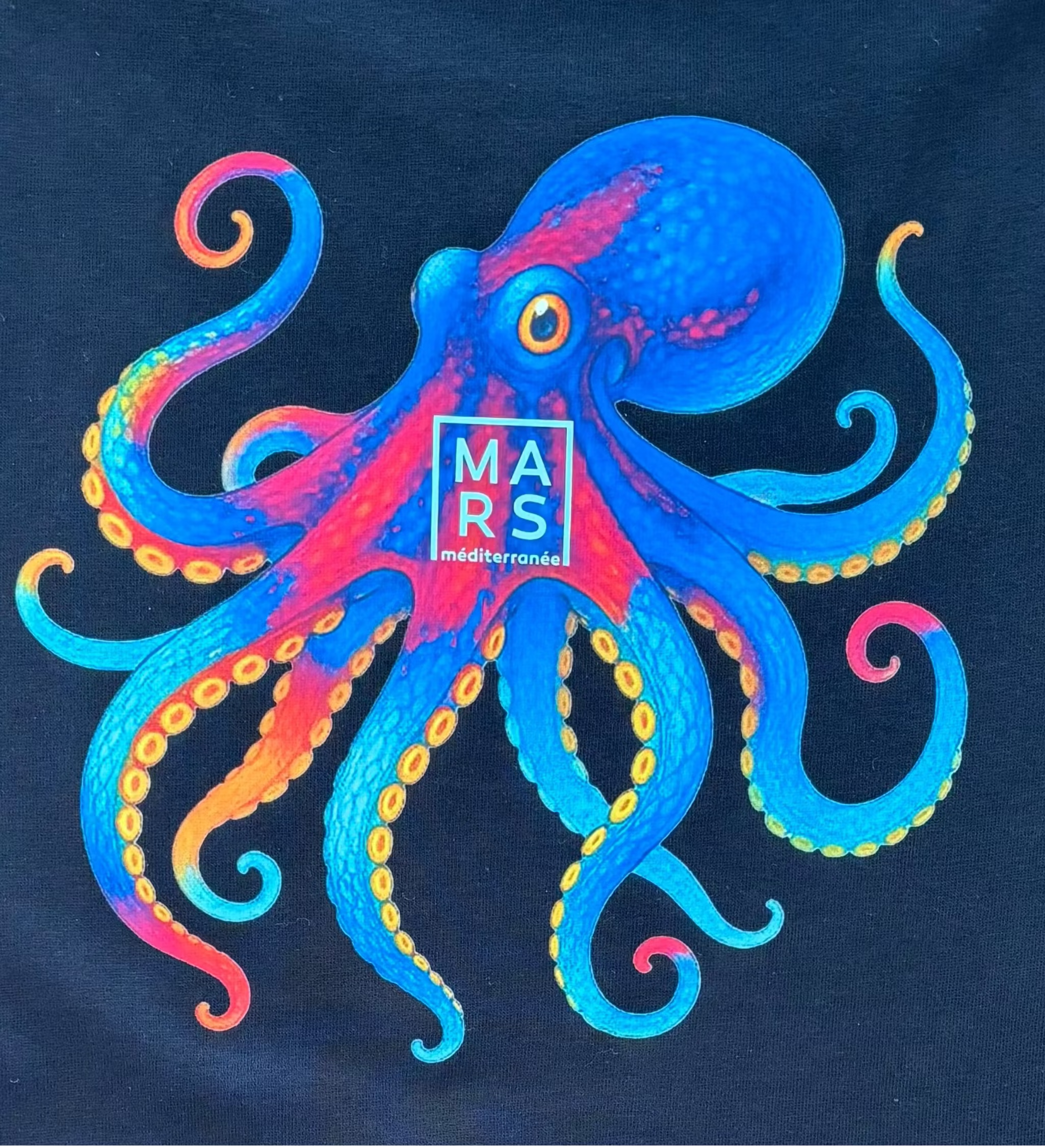 Illustration d‘un poulpe multicolore avec un logo MARS en bleu