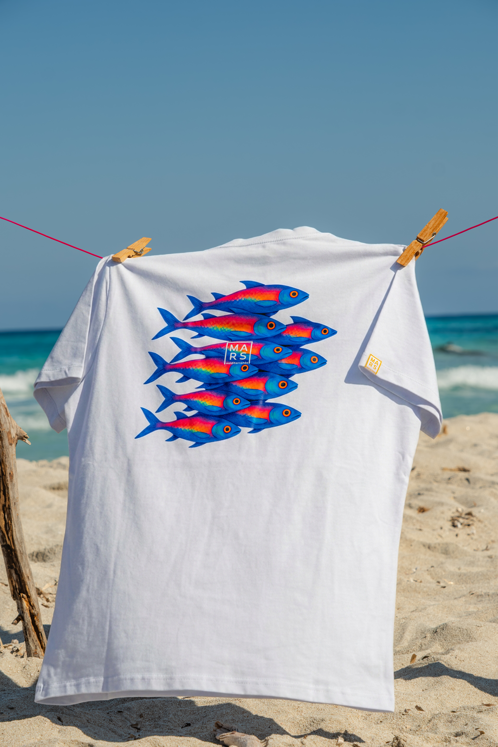un tee shirt en bleu arctique avec un motif de sardines sur la plage